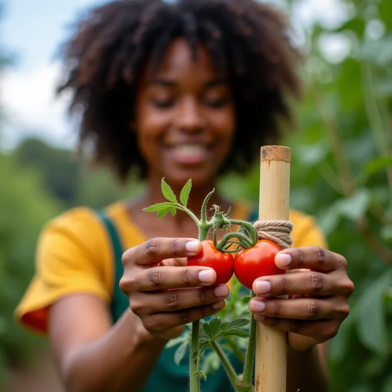 Mulher tutorando uma planta de tomate.