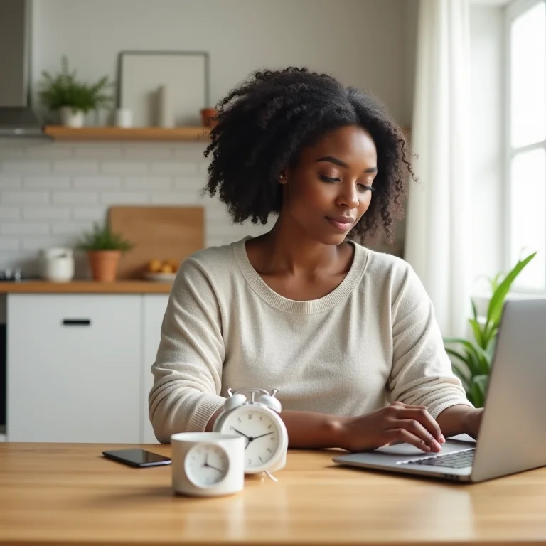 Mulher usando a Técnica Pomodoro enquanto trabalha em casa.