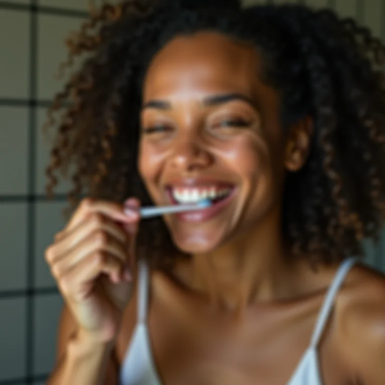 Mulher usando fio dental em frente ao espelho