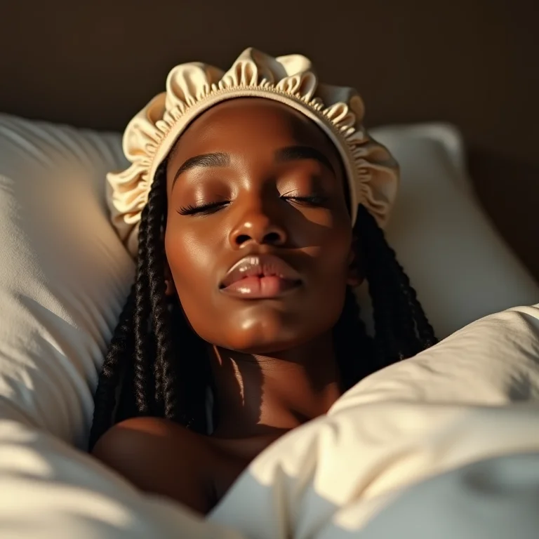 Mulher usando uma touca de cetim para proteger as box braids durante o sono.