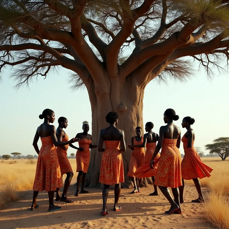 Mulheres africanas dançando ao redor de um baobá