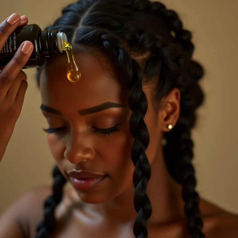 Óleo capilar sendo aplicado nas box braids para hidratação.