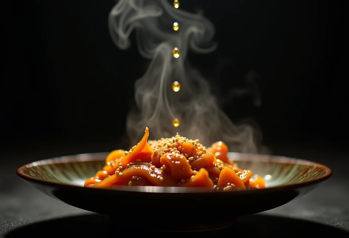 Óleo de gergelim torrado sendo usado em prato asiático.