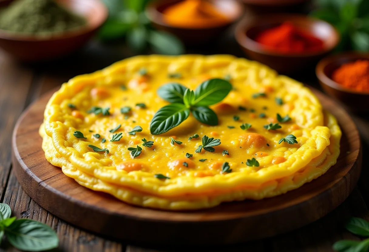 Omelete perfeito com temperos frescos e coloridos