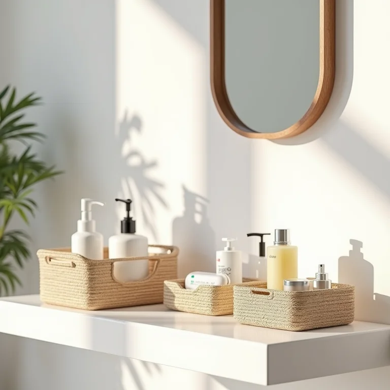 Organizadores transparentes e cestos em uma prateleira de banheiro.