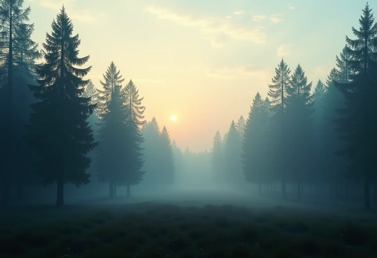 Paisagem da Guerra do Contestado com árvores imponentes e névoa.