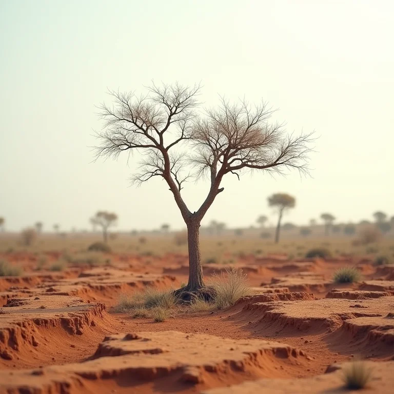Paisagem desolada com erosão do solo e muda de Jacarandá