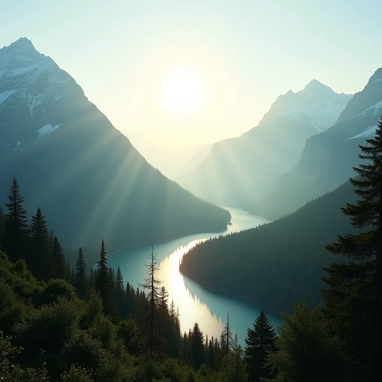 Paisagem diversa com montanhas, florestas e rios sob a luz do sol.