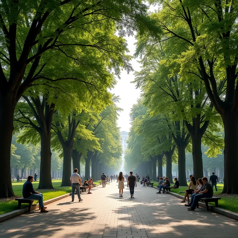 Parque urbano com árvores exuberantes e pessoas aproveitando o espaço.