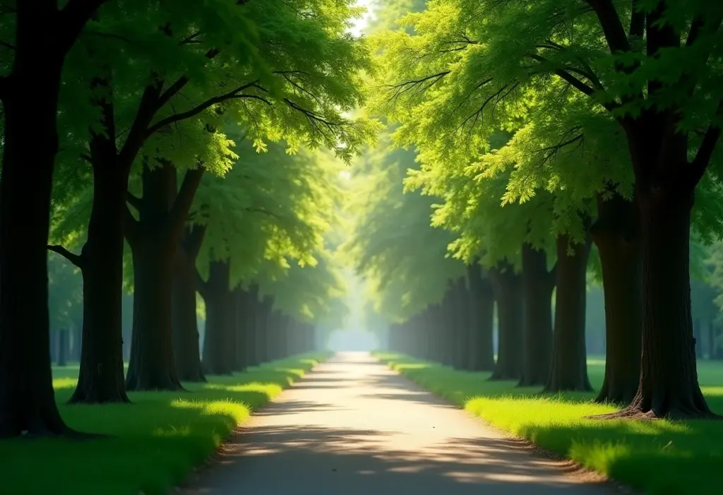 Parque urbano exuberante com árvores maduras e caminho sinuoso