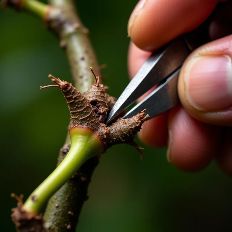 Passo a passo detalhado do enxerto whip graft em árvore frutífera.