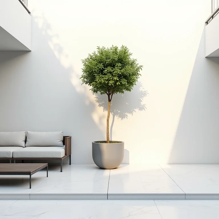 Pátio minimalista com uma árvore colunar em vaso.