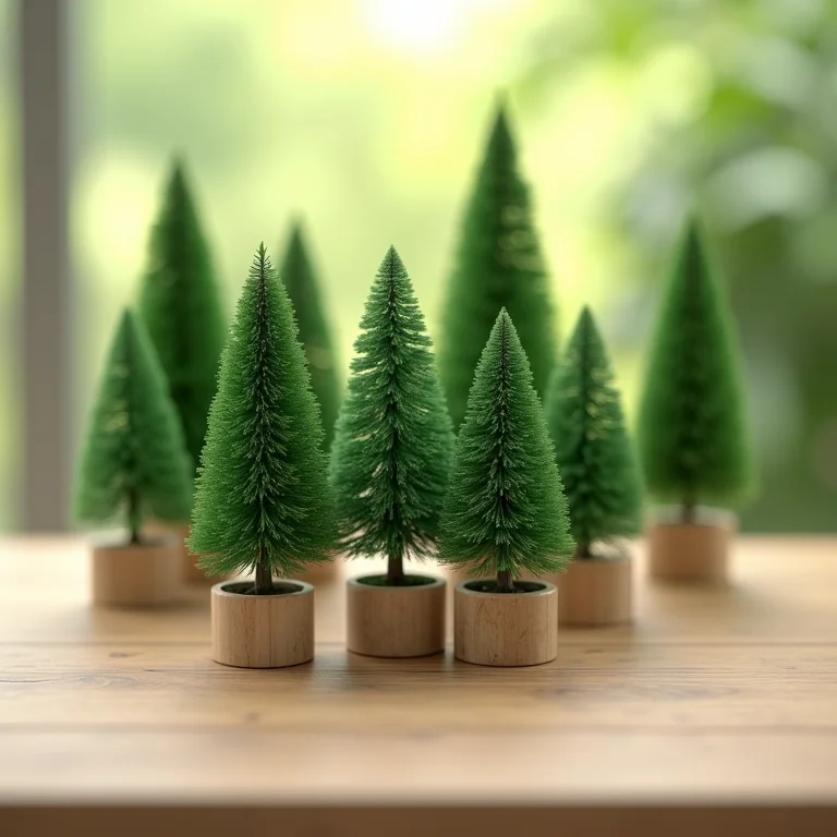 Pequenas árvores colunares dispostas como em uma loja de plantas.