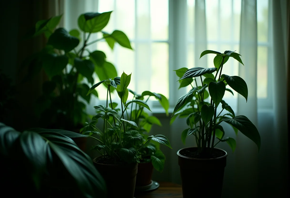 Pequeno jardim de inverno com plantas verdes exuberantes em ambiente interno.
