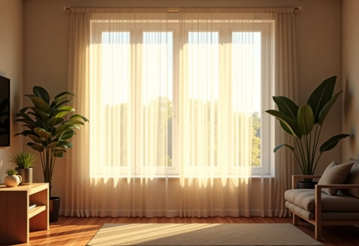 Persiana vertical impecável em sala de estar minimalista com luz suave.