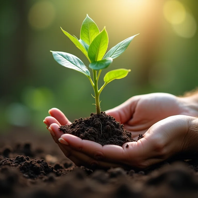 Pessoa examinando as raízes de uma muda de ingá.