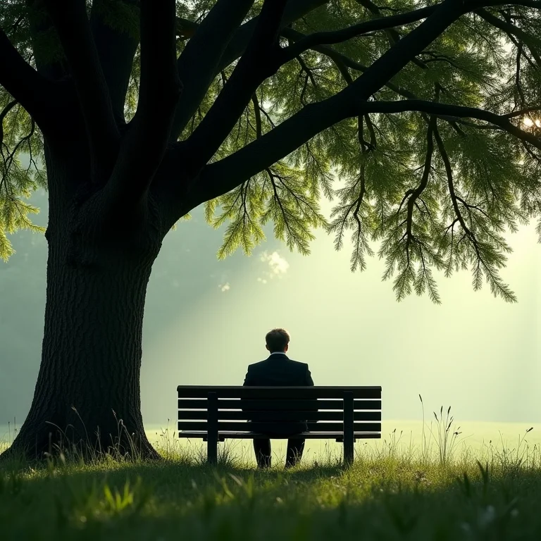 Pessoa sentada em banco sob árvore em cemitério, em contemplação