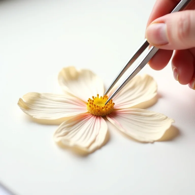 Pessoa usando pinças para organizar flores prensadas