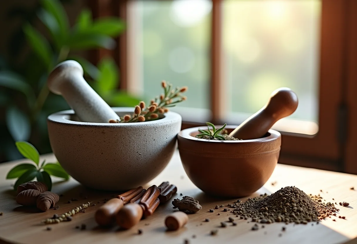 Pilões de pedra e madeira lado a lado, ervas frescas ao redor