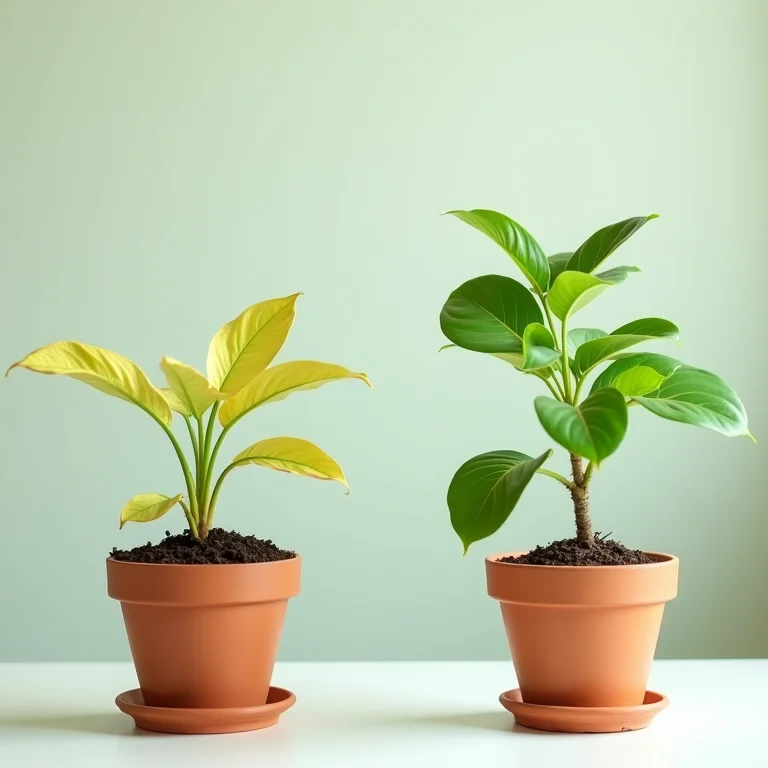 Planta murcha versus planta saudável