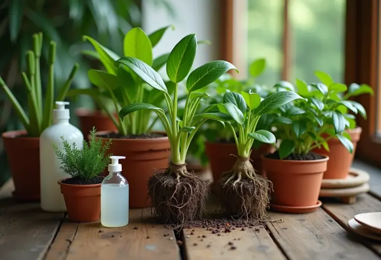 Plantas com raízes saudáveis e raízes podres lado a lado, com frasco de água oxigenada.