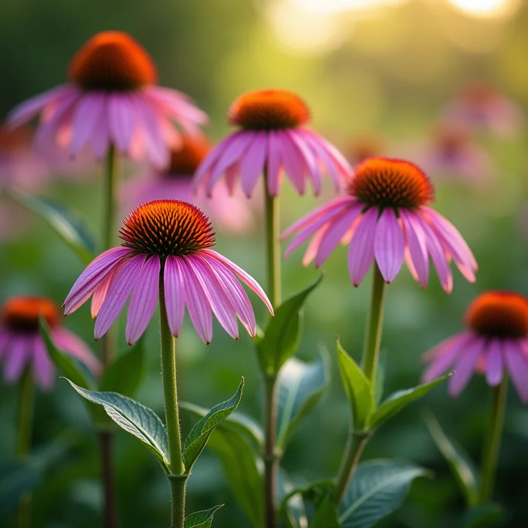 Plantas de flor de cone roxo florescendo abundantemente com folhagem verde saudável