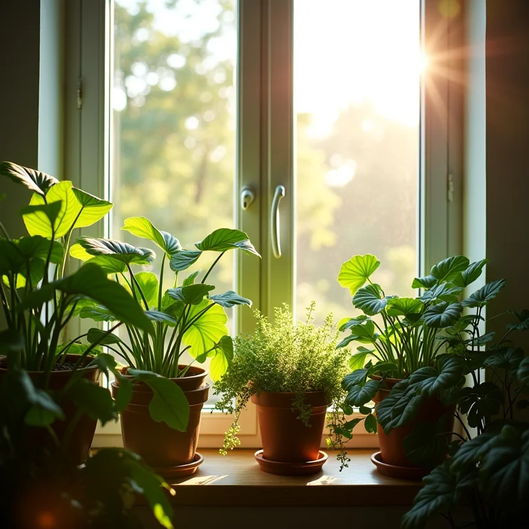 Plantas diversas prosperando perto de uma janela ensolarada, demonstrando variações na intensidade da luz natural.