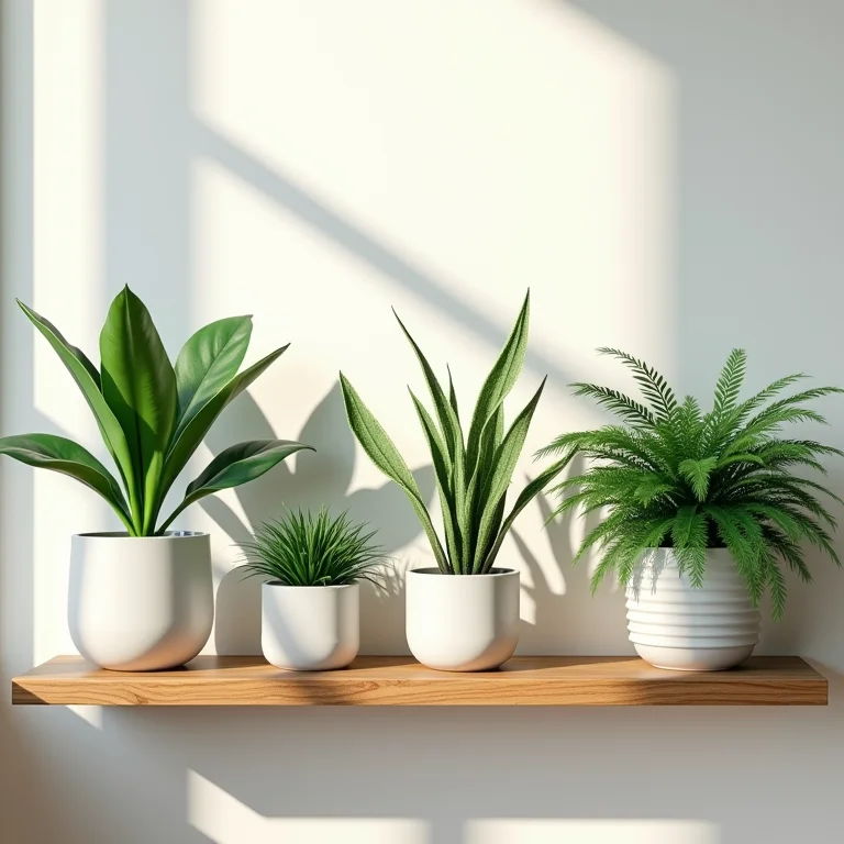 Plantas em vasos decorando prateleira de madeira em ambiente interno.