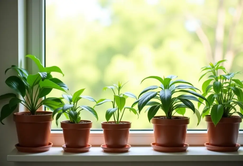 Plantas exuberantes crescendo com sistema de irrigação por capilaridade em uma janela ensolarada