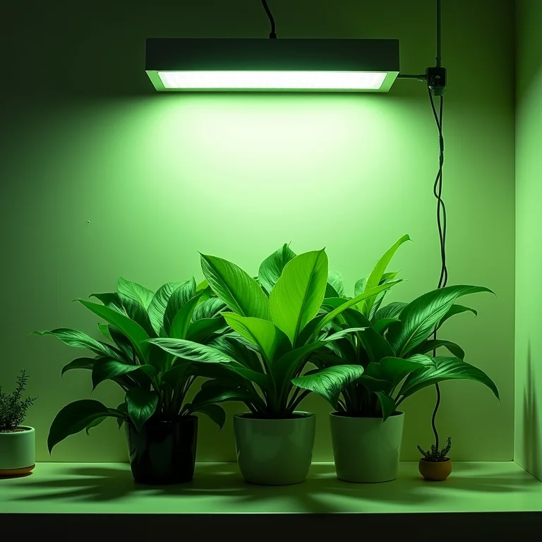 Plantas prosperando sob luz artificial em lavabo