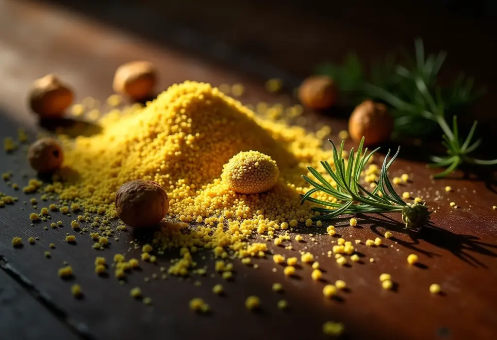 Pólen de funcho dourado espalhado sobre madeira escura com bulbos de funcho fresco