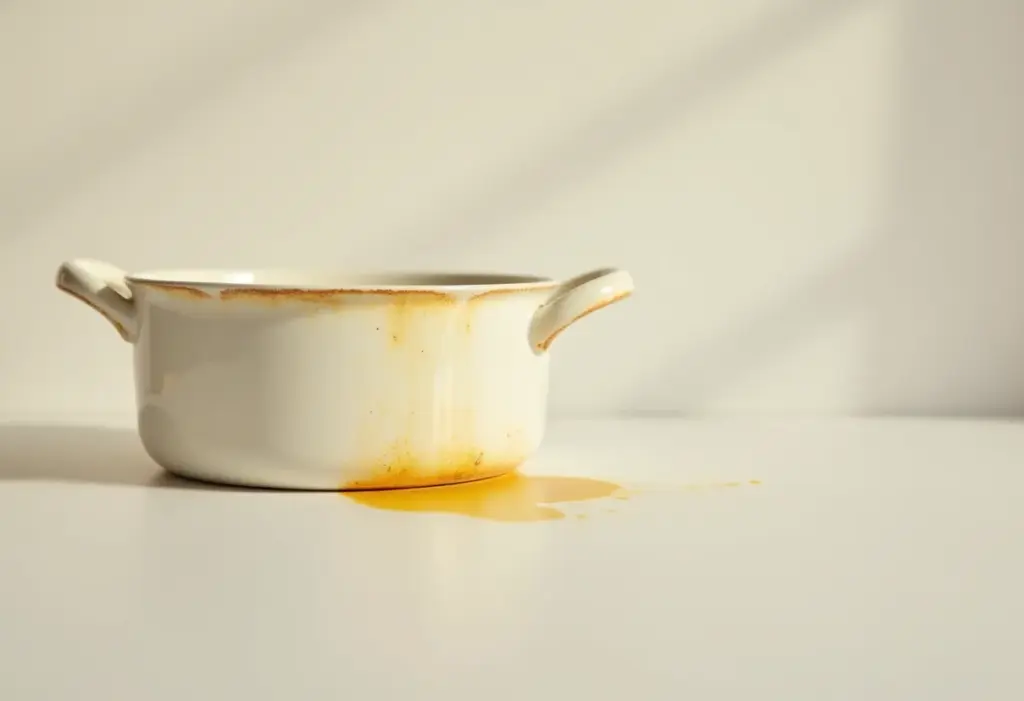 Pote de cerâmica branco com mancha de curry sendo limpo.