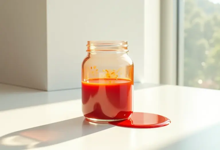 Pote de vidro com mancha de molho de tomate.