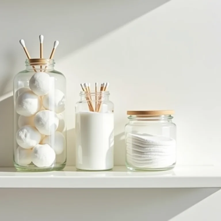 Potes de vidro transparentes com algodão, cotonetes e sais de banho em uma prateleira.
