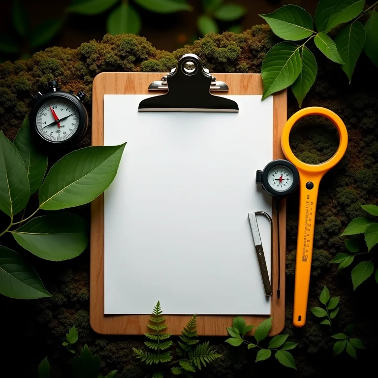 Prancheta de madeira com ferramentas florestais.