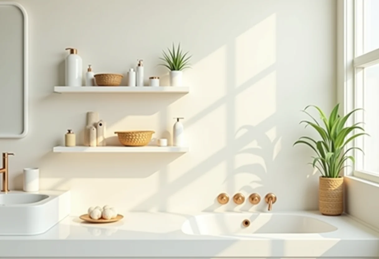 Prateleira de banheiro organizada com produtos de higiene, cestos e plantas.