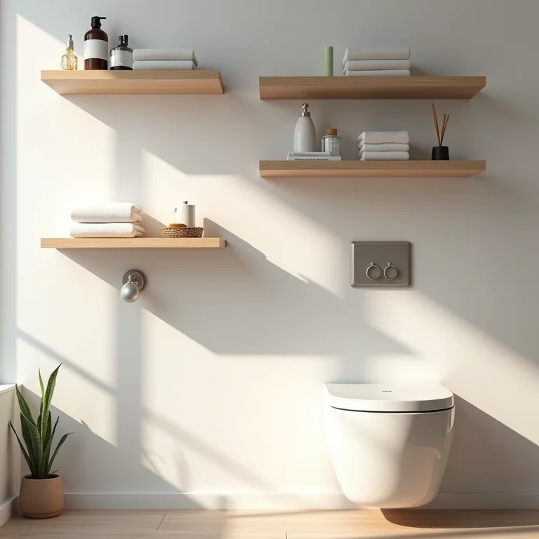 Prateleiras suspensas e ganchos adesivos em uma parede de banheiro.