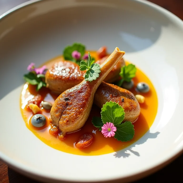 Prato de chef renomado: rã com molho sofisticado e flores comestíveis