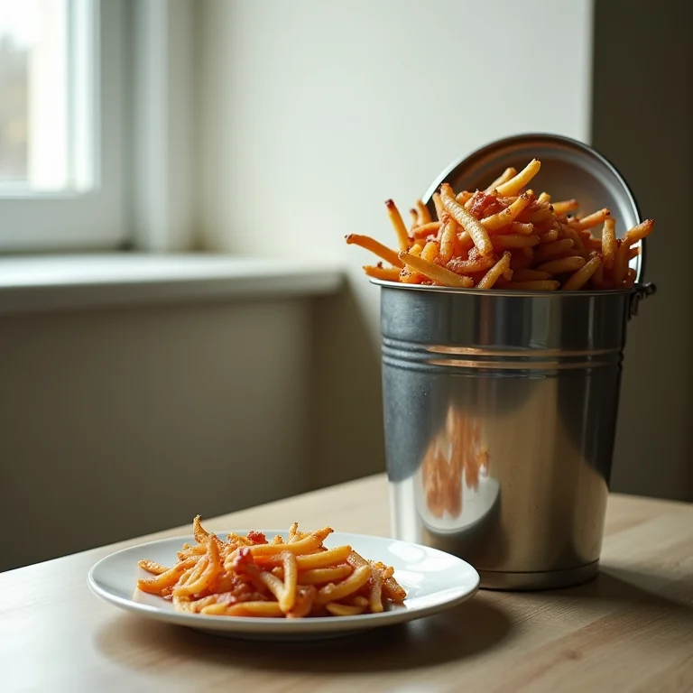 Prato vazio ao lado de lixo transbordando, representando o impacto social da fome.