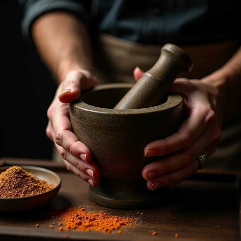 Preparo caseiro do dukkah: moendo especiarias em pilão.