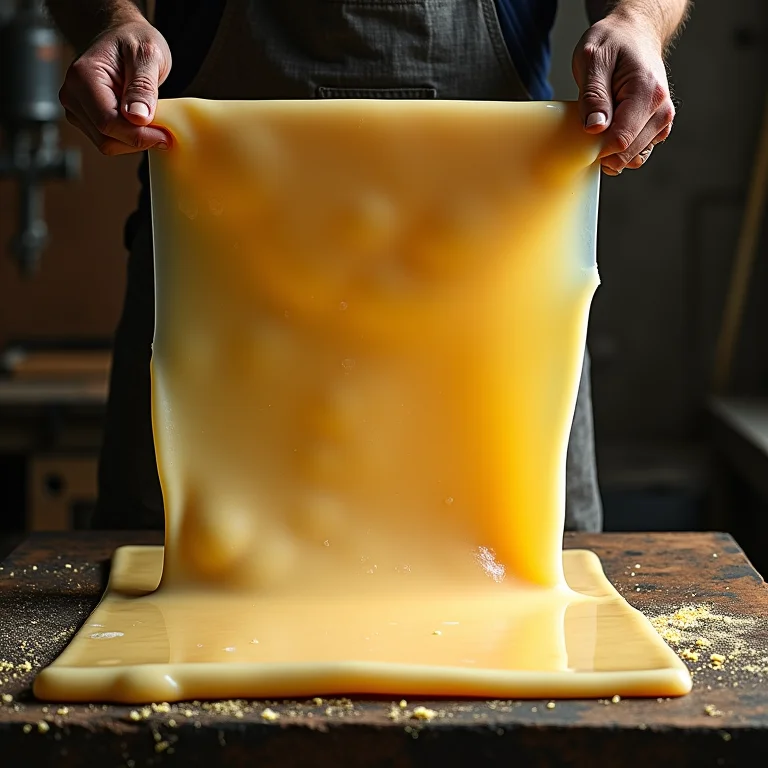 Processo de transformação do látex em folhas de borracha.