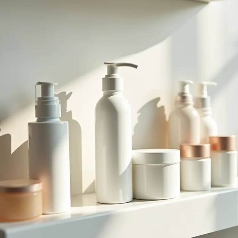 Produtos de skincare organizados por categoria em uma prateleira.