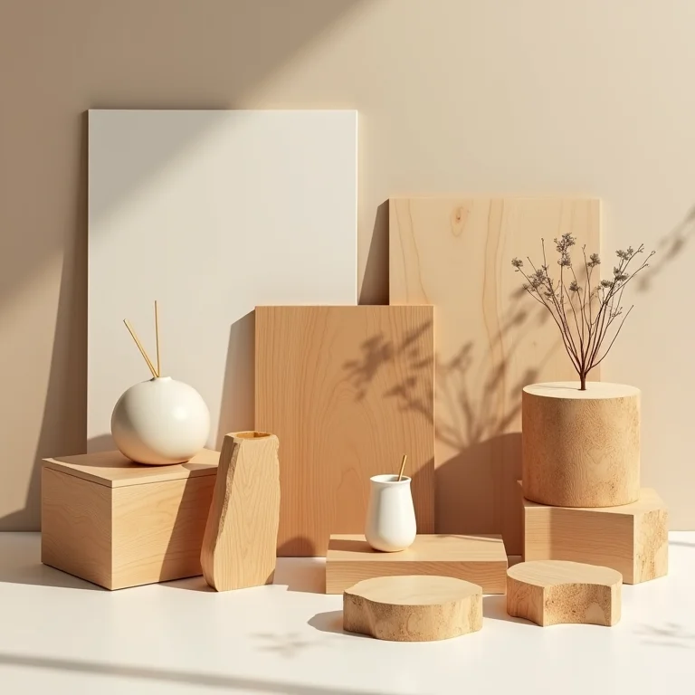 Produtos diversos feitos de madeira sustentável.