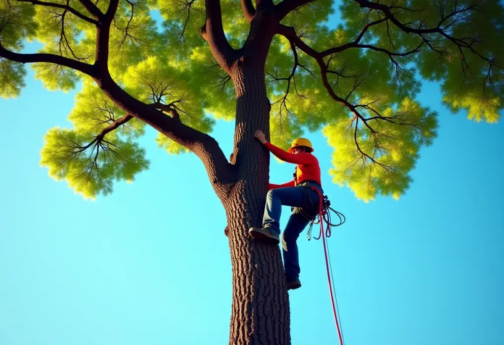 Profissional podando árvore alta com equipamento de segurança.