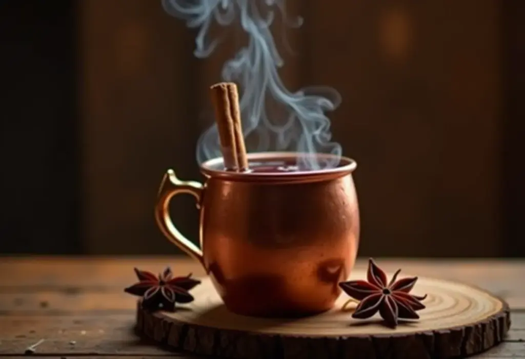 Quentão fumegante em caneca de cobre com especiarias