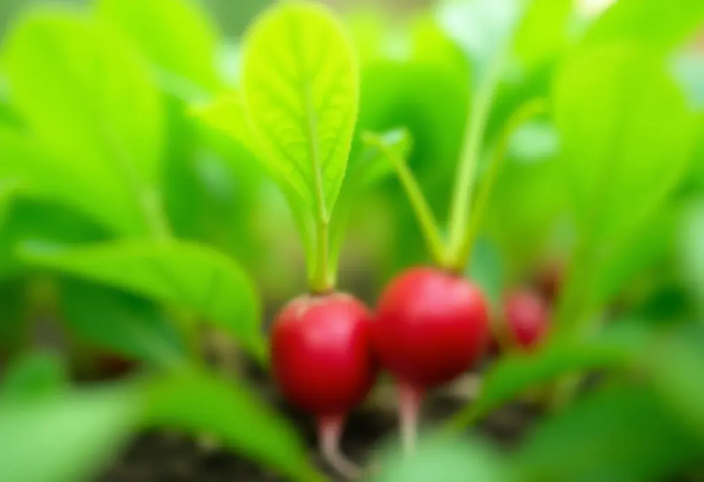 Rabanetes frescos crescendo em uma horta caseira