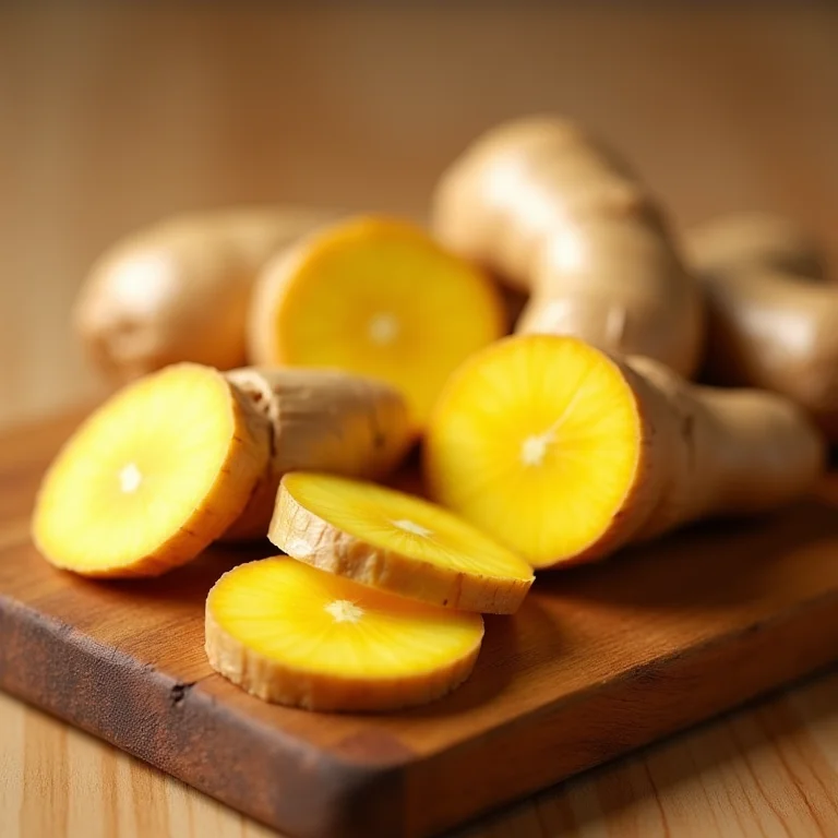 Raiz de gengibre fresca fatiada em tábua de madeira