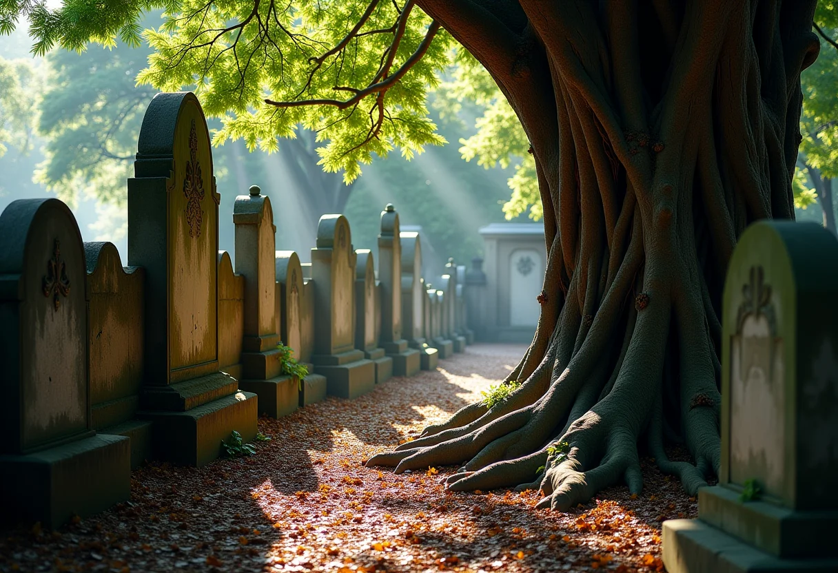 Raízes de árvore antiga entrelaçadas com lápides em cemitério