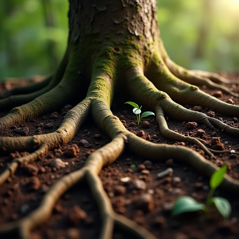 Raízes de árvore entrelaçadas na terra.