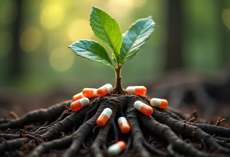 Raízes de árvores entrelaçadas com pílulas, representando a conexão entre natureza e medicina.